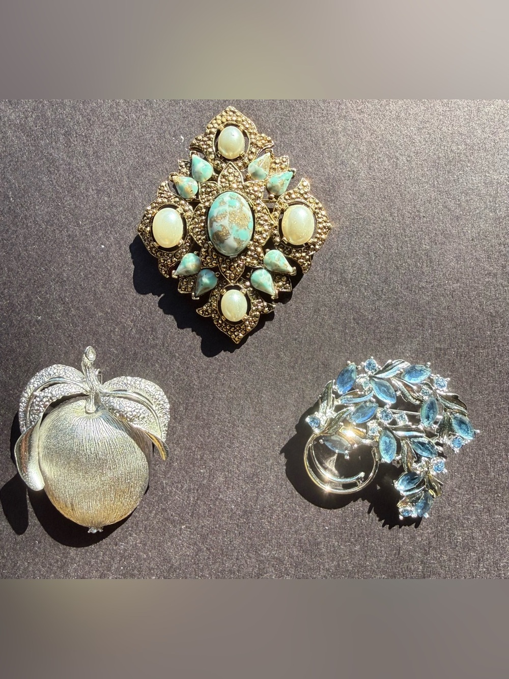 Vintage Sarah Coventry Brooch Lot of 3 Rhinestone Apple Remembrance Pin Pendant